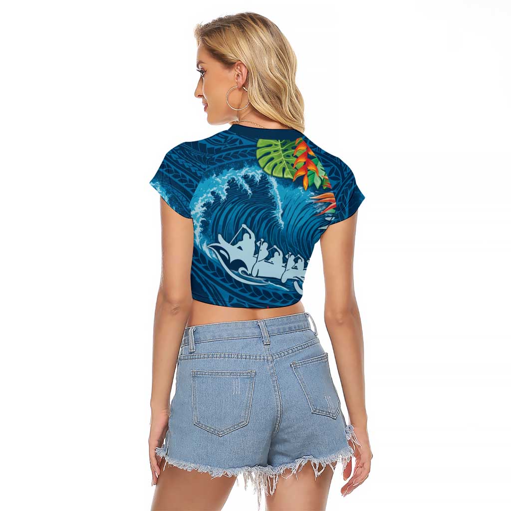 Outrigger Canoe Blue Raglan Cropped T Shirt On The Waves