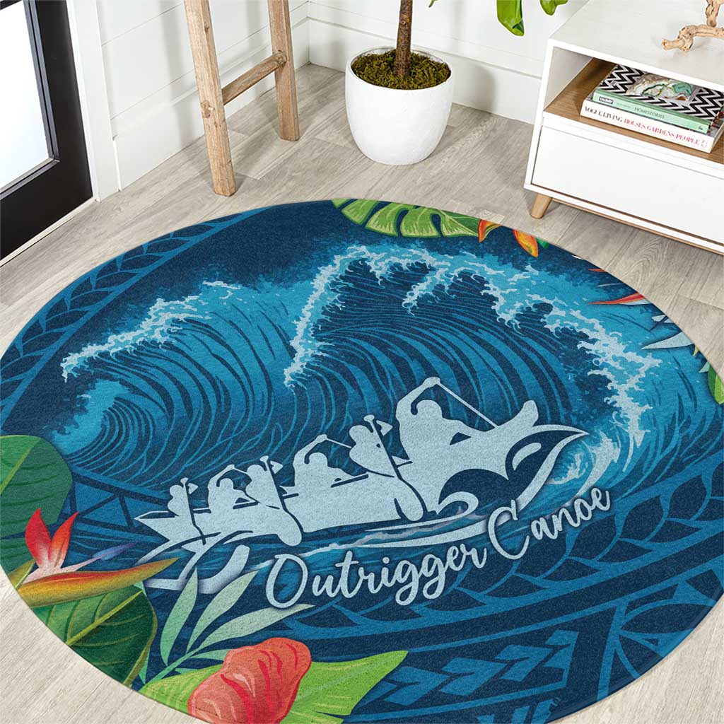 Outrigger Canoe Blue Round Carpet On The Waves LT7 Blue - Polynesian Pride