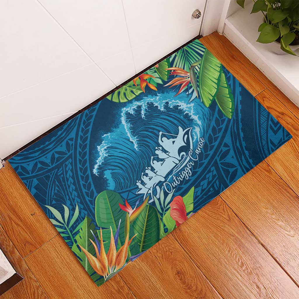 Outrigger Canoe Blue Rubber Doormat On The Waves