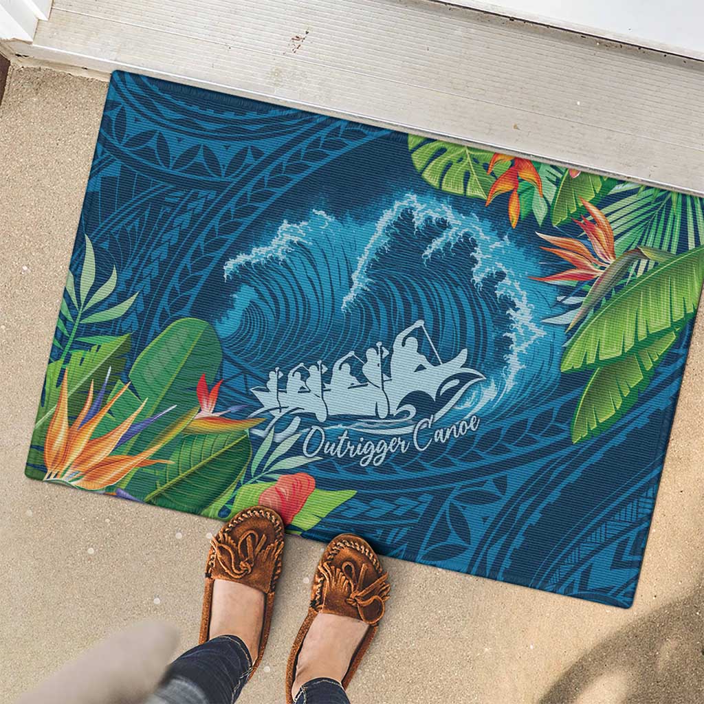 Outrigger Canoe Blue Rubber Doormat On The Waves