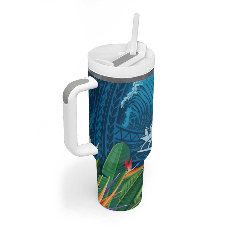Outrigger Canoe Blue Tumbler With Handle On The Waves