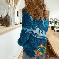 Outrigger Canoe Blue Women Casual Shirt On The Waves