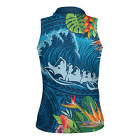 Outrigger Canoe Blue Women Sleeveless Polo Shirt On The Waves