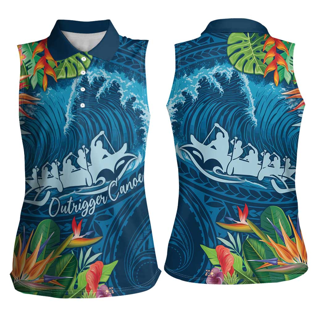 Outrigger Canoe Blue Women Sleeveless Polo Shirt On The Waves