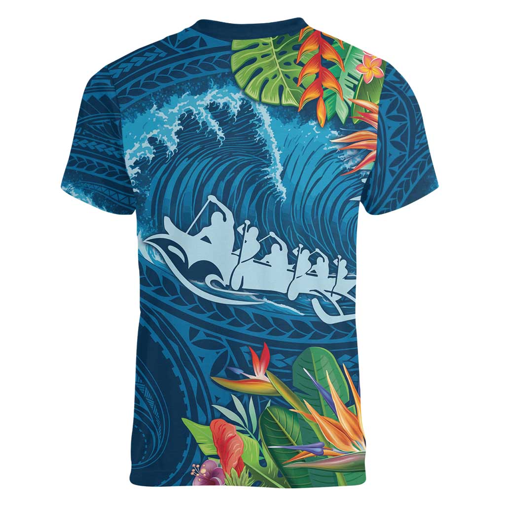 Outrigger Canoe Blue Women V-Neck T-Shirt On The Waves
