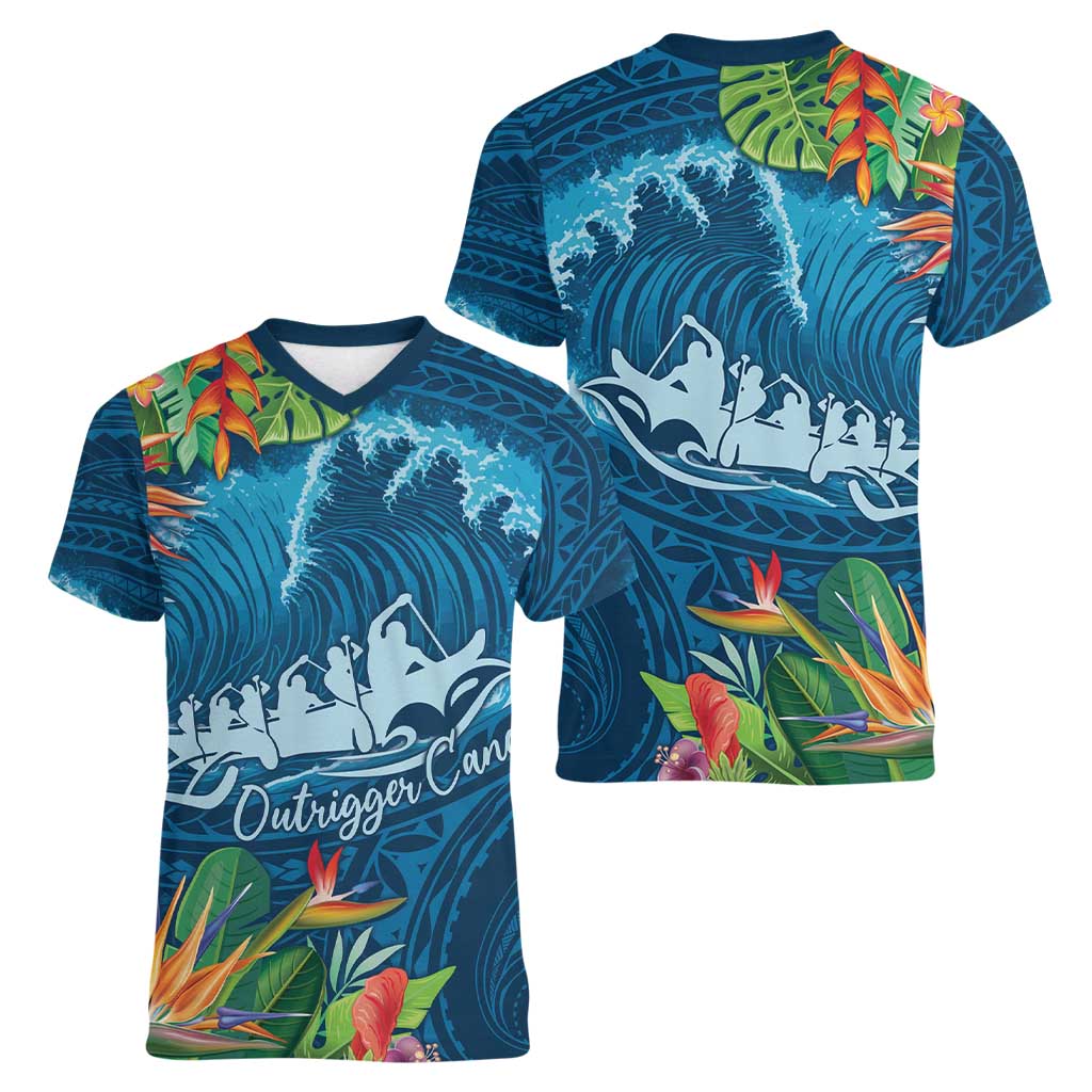 Outrigger Canoe Blue Women V-Neck T-Shirt On The Waves