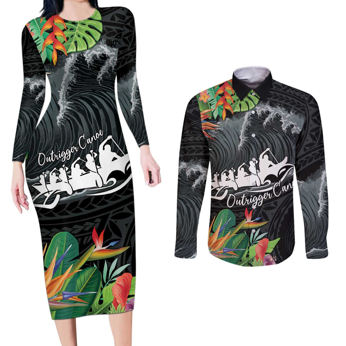 Outrigger Canoe Black Couples Matching Long Sleeve Bodycon Dress and Long Sleeve Button Shirt On The Waves
