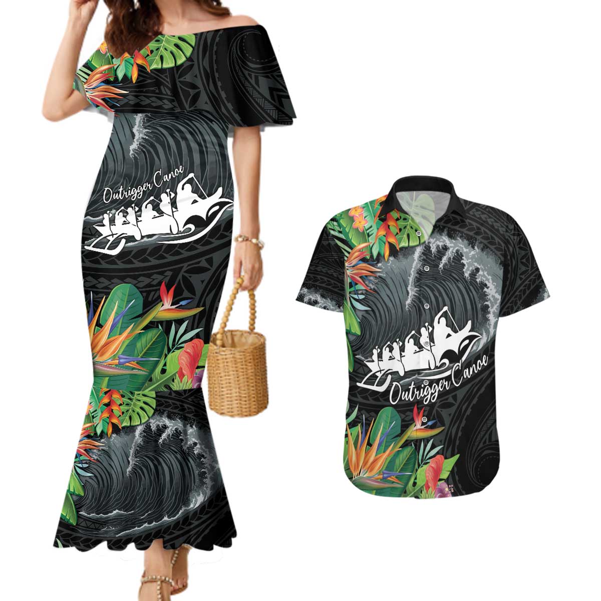 Outrigger Canoe Black Couples Matching Mermaid Dress and Hawaiian Shirt On The Waves LT7 Black - Polynesian Pride