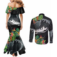 Outrigger Canoe Black Couples Matching Mermaid Dress and Long Sleeve Button Shirt On The Waves