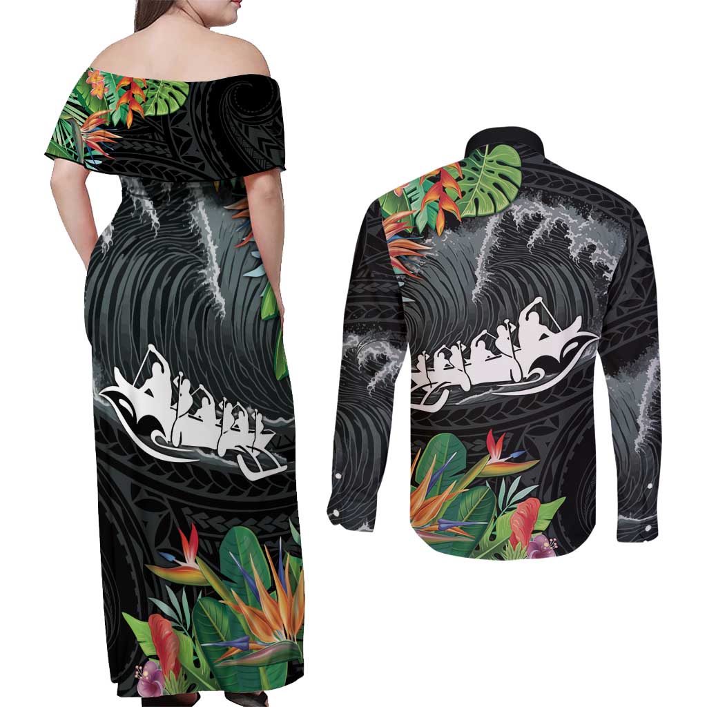 Outrigger Canoe Black Couples Matching Off Shoulder Maxi Dress and Long Sleeve Button Shirt On The Waves