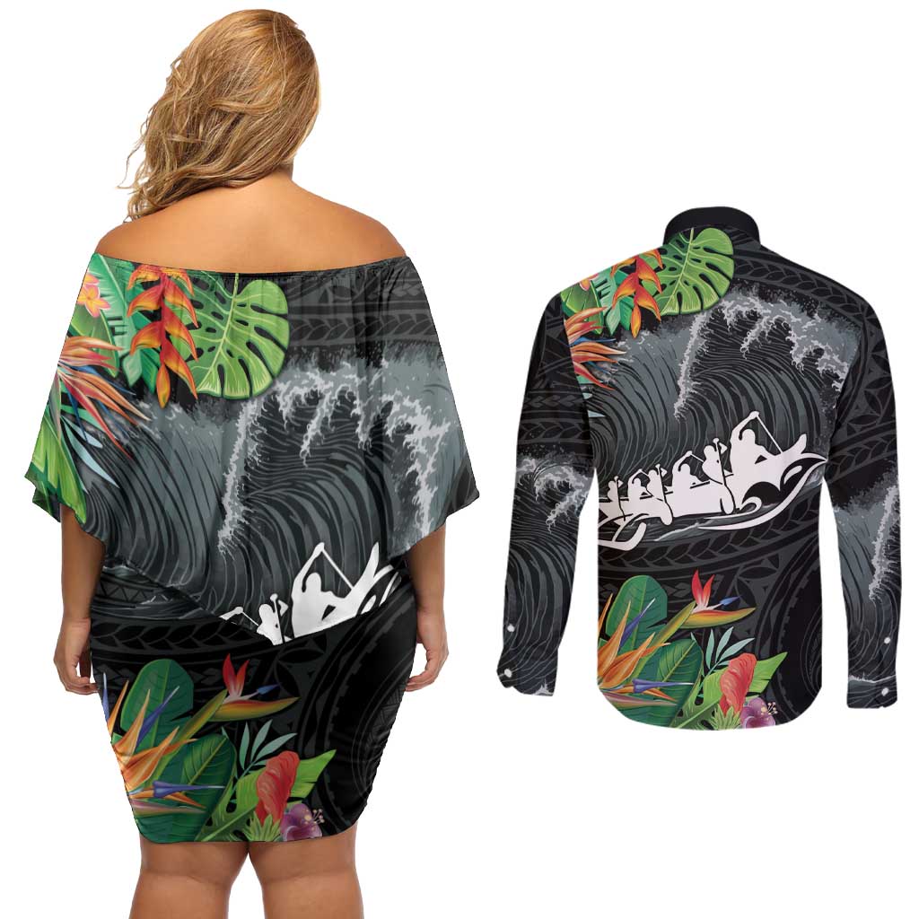 Outrigger Canoe Black Couples Matching Off Shoulder Short Dress and Long Sleeve Button Shirt On The Waves