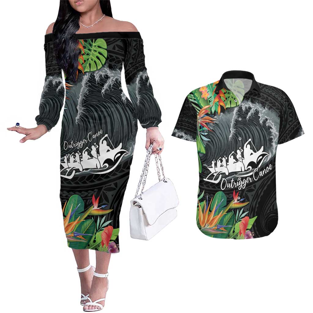 Outrigger Canoe Black Couples Matching Off The Shoulder Long Sleeve Dress and Hawaiian Shirt On The Waves