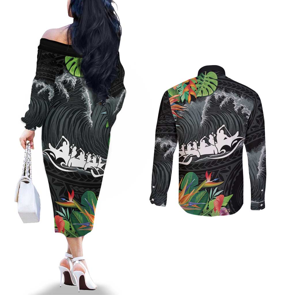 Outrigger Canoe Black Couples Matching Off The Shoulder Long Sleeve Dress and Long Sleeve Button Shirt On The Waves