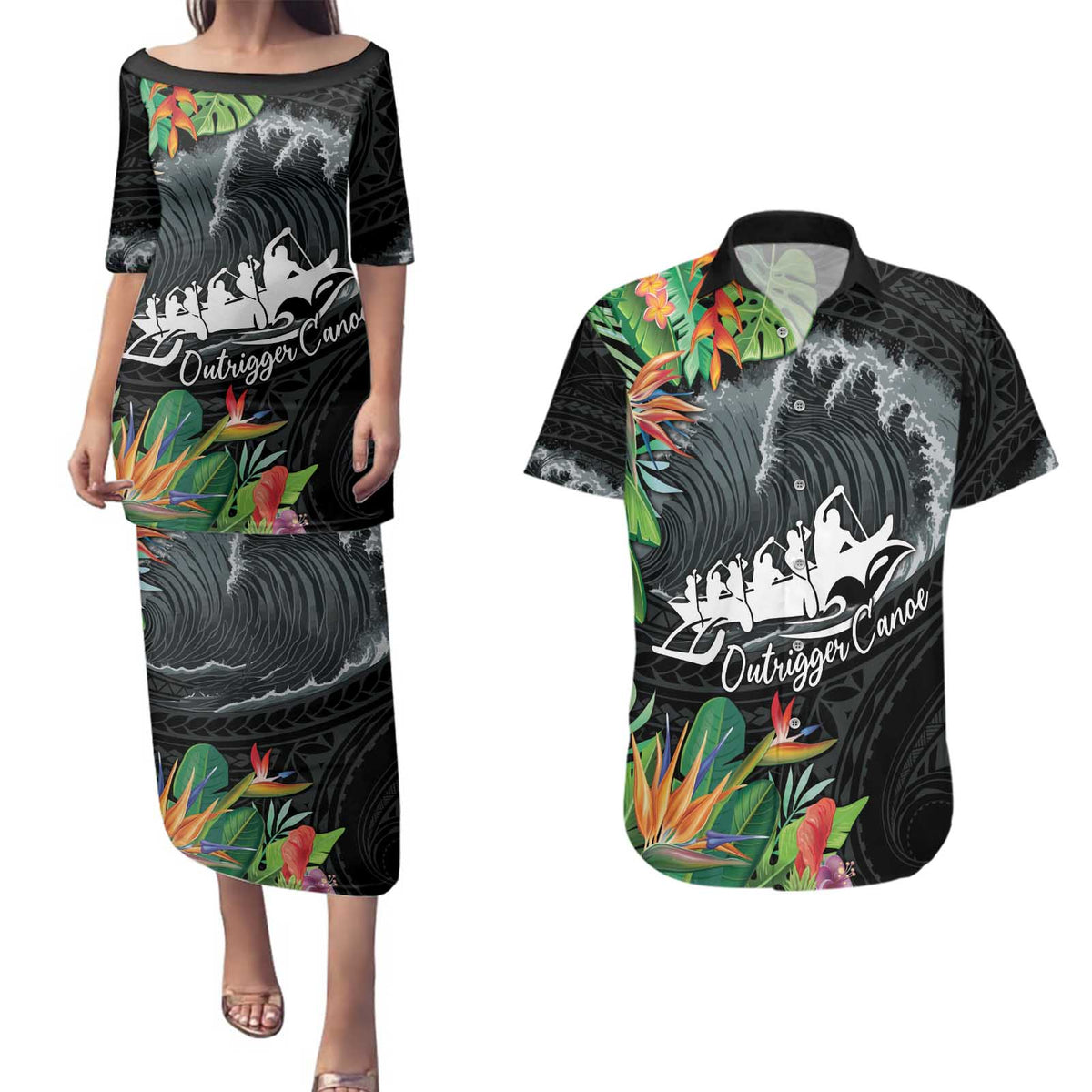 Outrigger Canoe Black Couples Matching Puletasi and Hawaiian Shirt On The Waves