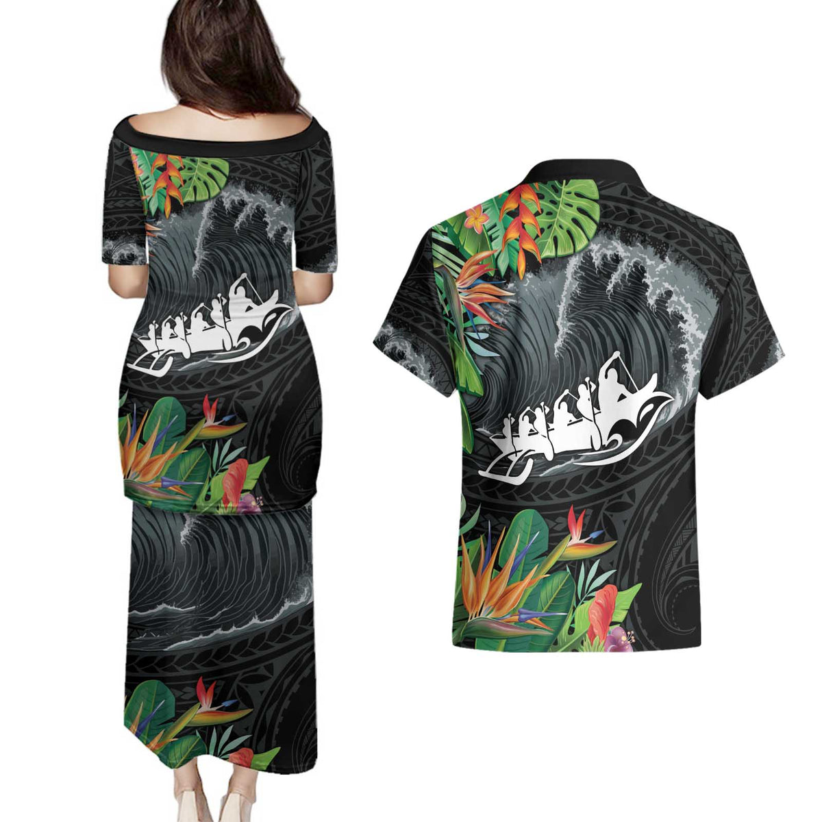 Outrigger Canoe Black Couples Matching Puletasi and Hawaiian Shirt On The Waves