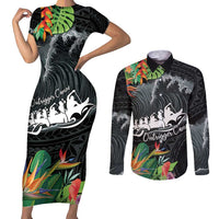 Outrigger Canoe Black Couples Matching Short Sleeve Bodycon Dress and Long Sleeve Button Shirt On The Waves