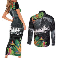 Outrigger Canoe Black Couples Matching Short Sleeve Bodycon Dress and Long Sleeve Button Shirt On The Waves