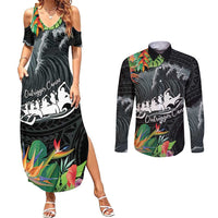 Outrigger Canoe Black Couples Matching Summer Maxi Dress and Long Sleeve Button Shirt On The Waves