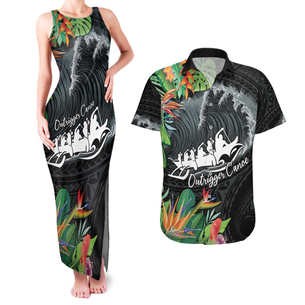 Outrigger Canoe Black Couples Matching Tank Maxi Dress and Hawaiian Shirt On The Waves