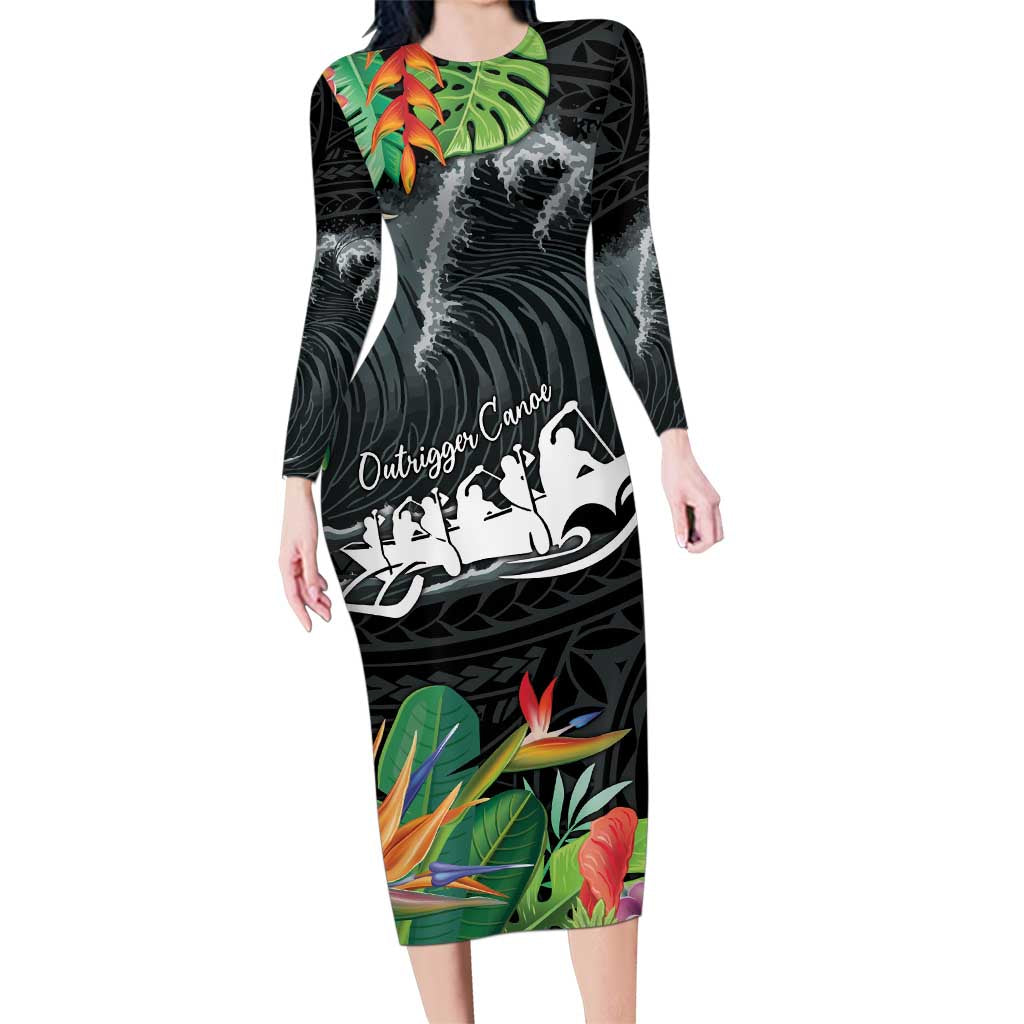 Outrigger Canoe Black Family Matching Long Sleeve Bodycon Dress and Hawaiian Shirt On The Waves