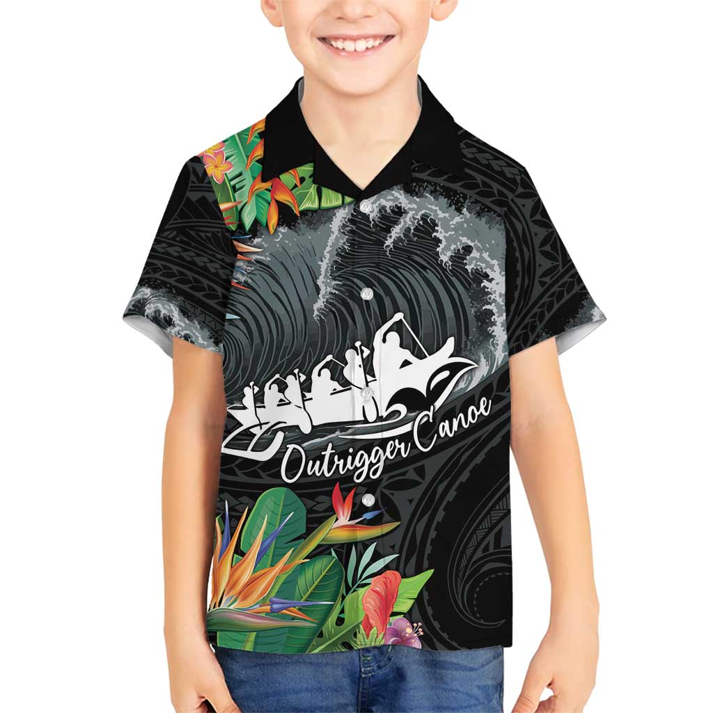 Outrigger Canoe Black Family Matching Long Sleeve Bodycon Dress and Hawaiian Shirt On The Waves