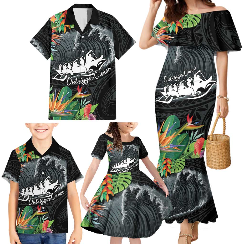 Outrigger Canoe Black Family Matching Mermaid Dress and Hawaiian Shirt On The Waves LT7 - Polynesian Pride