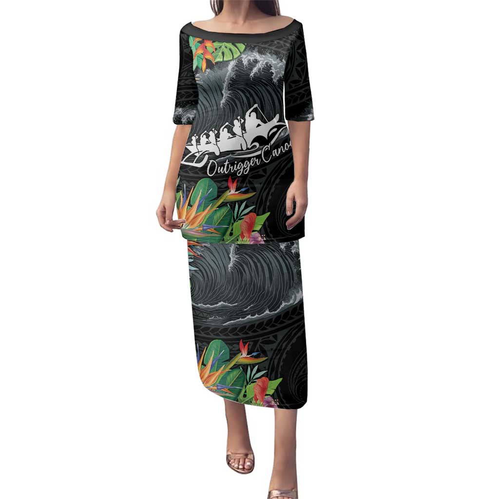 Outrigger Canoe Black Family Matching Puletasi and Hawaiian Shirt On The Waves