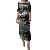 Outrigger Canoe Black Family Matching Puletasi and Hawaiian Shirt On The Waves