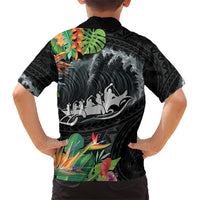 Outrigger Canoe Black Family Matching Short Sleeve Bodycon Dress and Hawaiian Shirt On The Waves