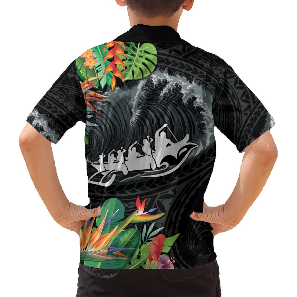 Outrigger Canoe Black Family Matching Tank Maxi Dress and Hawaiian Shirt On The Waves