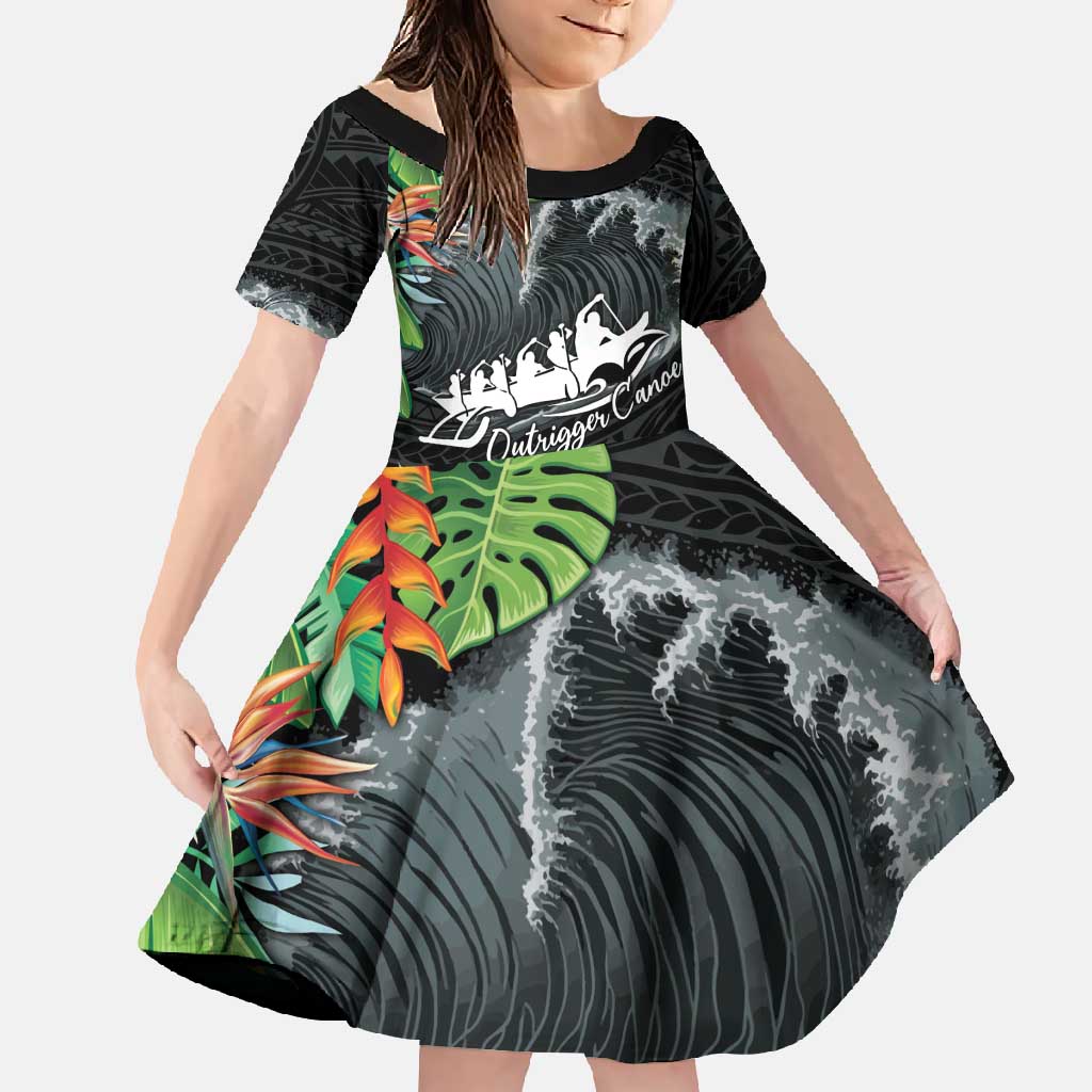 Outrigger Canoe Black Family Matching Tank Maxi Dress and Hawaiian Shirt On The Waves
