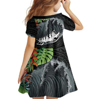 Outrigger Canoe Black Family Matching Tank Maxi Dress and Hawaiian Shirt On The Waves
