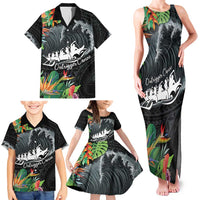 Outrigger Canoe Black Family Matching Tank Maxi Dress and Hawaiian Shirt On The Waves