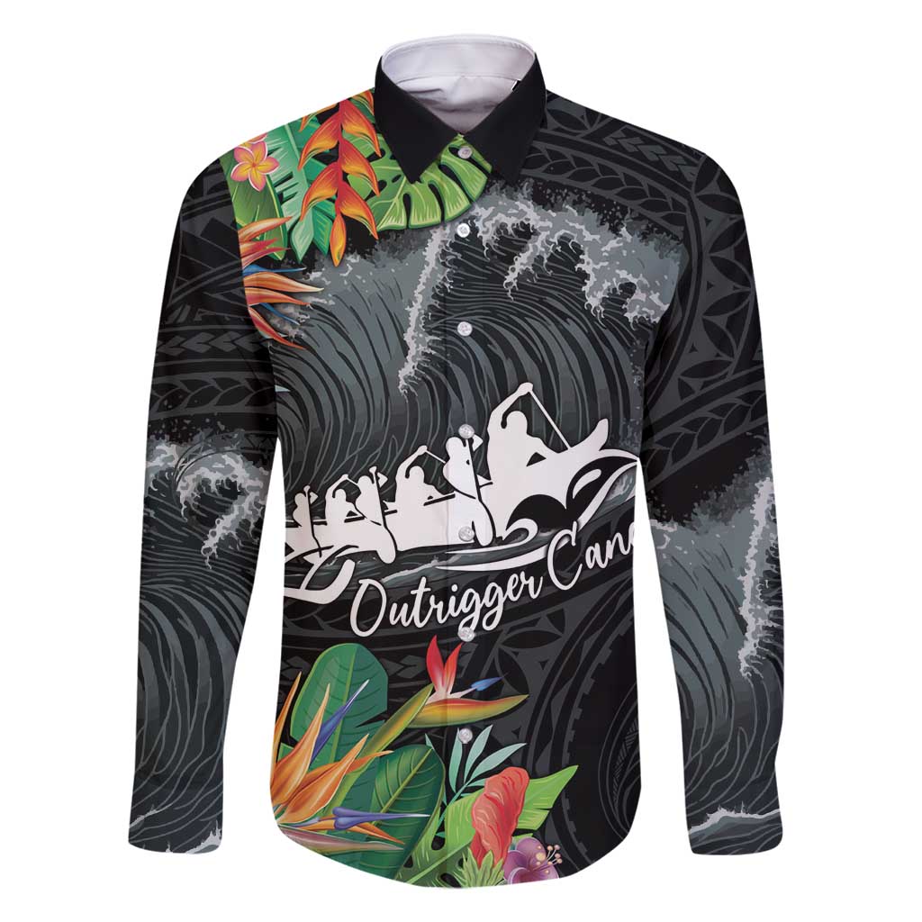 Outrigger Canoe Black Family Matching Tank Maxi Dress and Hawaiian Shirt On The Waves