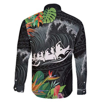 Outrigger Canoe Black Family Matching Tank Maxi Dress and Hawaiian Shirt On The Waves