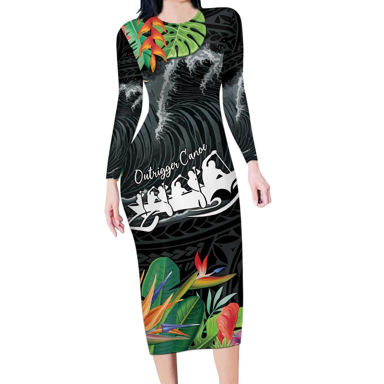 Outrigger Canoe Black Long Sleeve Bodycon Dress On The Waves LT7 Long Dress Black - Polynesian Pride