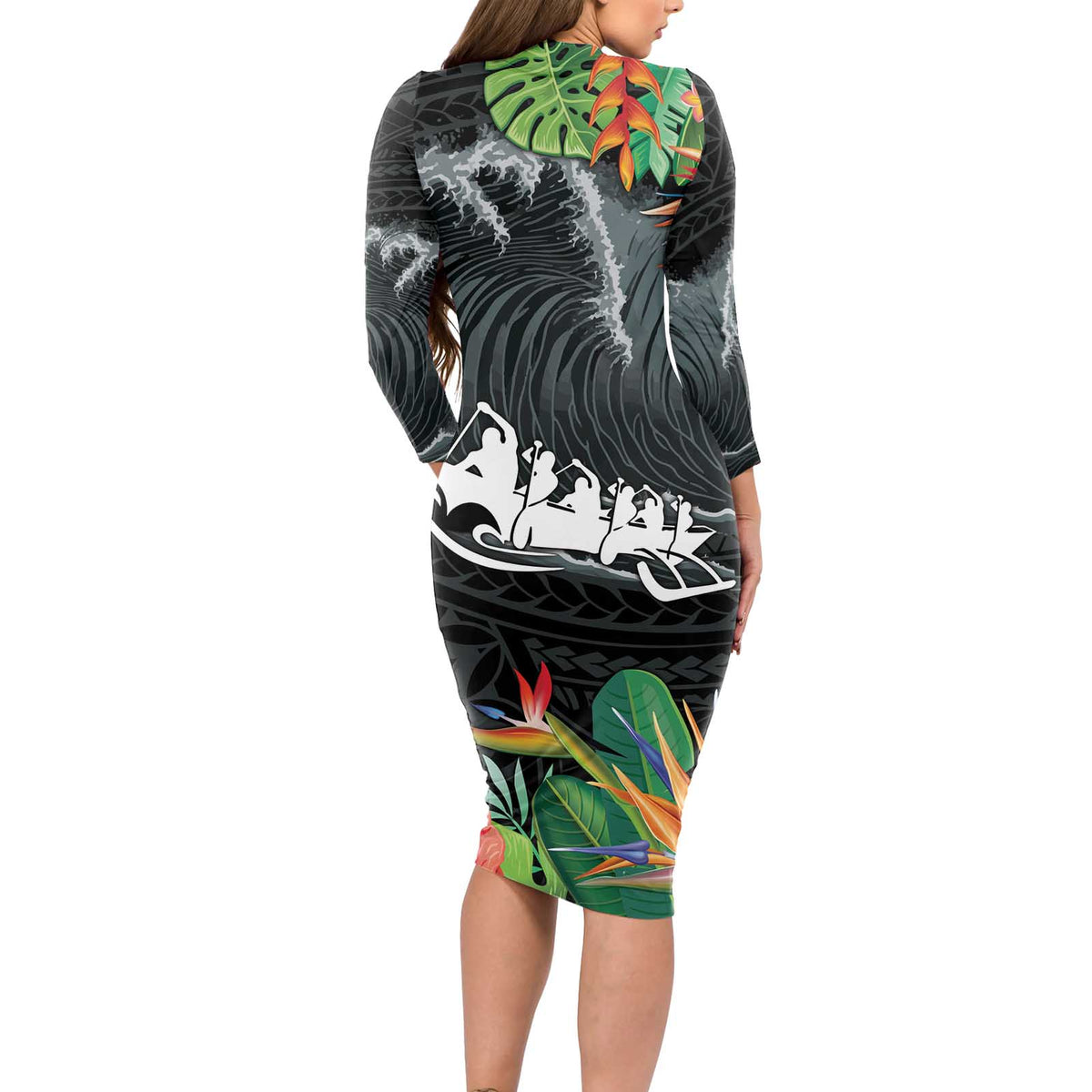 Outrigger Canoe Black Long Sleeve Bodycon Dress On The Waves
