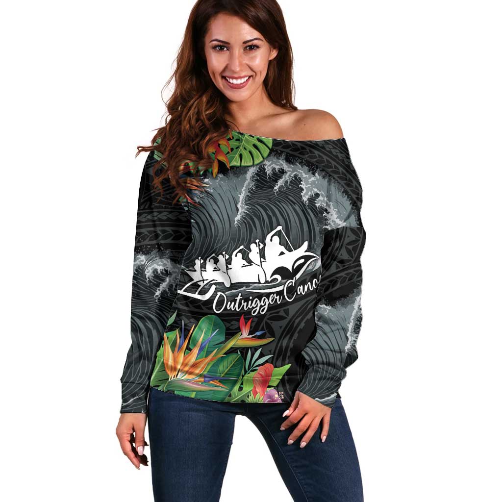 Outrigger Canoe Black Off Shoulder Sweater On The Waves LT7 Women Black - Polynesian Pride
