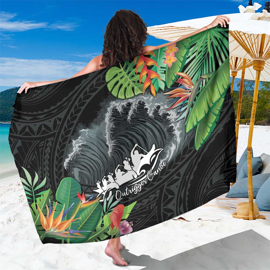 Outrigger Canoe Black Sarong On The Waves LT7 One Size 44 x 66 inches Black - Polynesian Pride