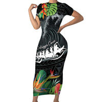 Outrigger Canoe Black Short Sleeve Bodycon Dress On The Waves LT7 Long Dress Black - Polynesian Pride