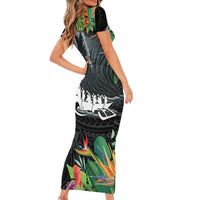 Outrigger Canoe Black Short Sleeve Bodycon Dress On The Waves LT7 - Polynesian Pride