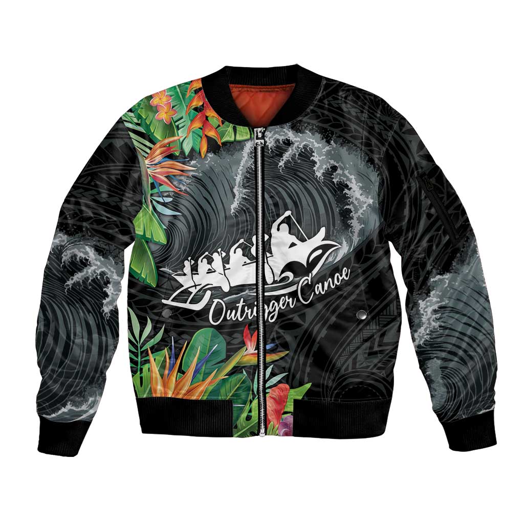 Outrigger Canoe Black Sleeve Zip Bomber Jacket On The Waves LT7 Unisex Black - Polynesian Pride