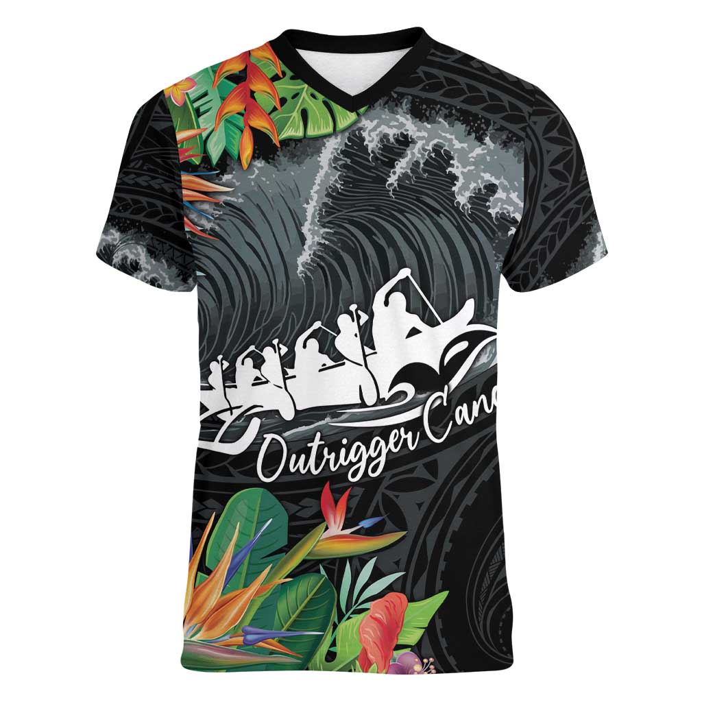 Outrigger Canoe Black Women V-Neck T-Shirt On The Waves