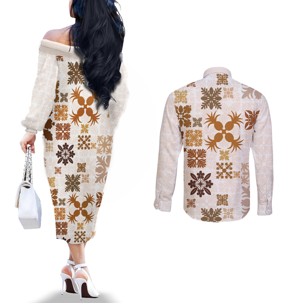Vintage Hawaii Couples Matching Off The Shoulder Long Sleeve Dress and Long Sleeve Button Shirts Hawaiian Quilt Kapa Mismatch Beige LT7 - Polynesian Pride