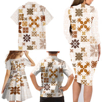 Vintage Hawaii Family Matching Long Sleeve Bodycon Dress and Hawaiian Shirt Hawaiian Quilt Kapa Mismatch Beige LT7 - Polynesian Pride