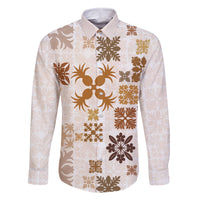 Vintage Hawaii Family Matching Mermaid Dress and Hawaiian Shirt Hawaiian Quilt Kapa Mismatch Beige LT7 Dad's Shirt - Long Sleeve Beige - Polynesian Pride