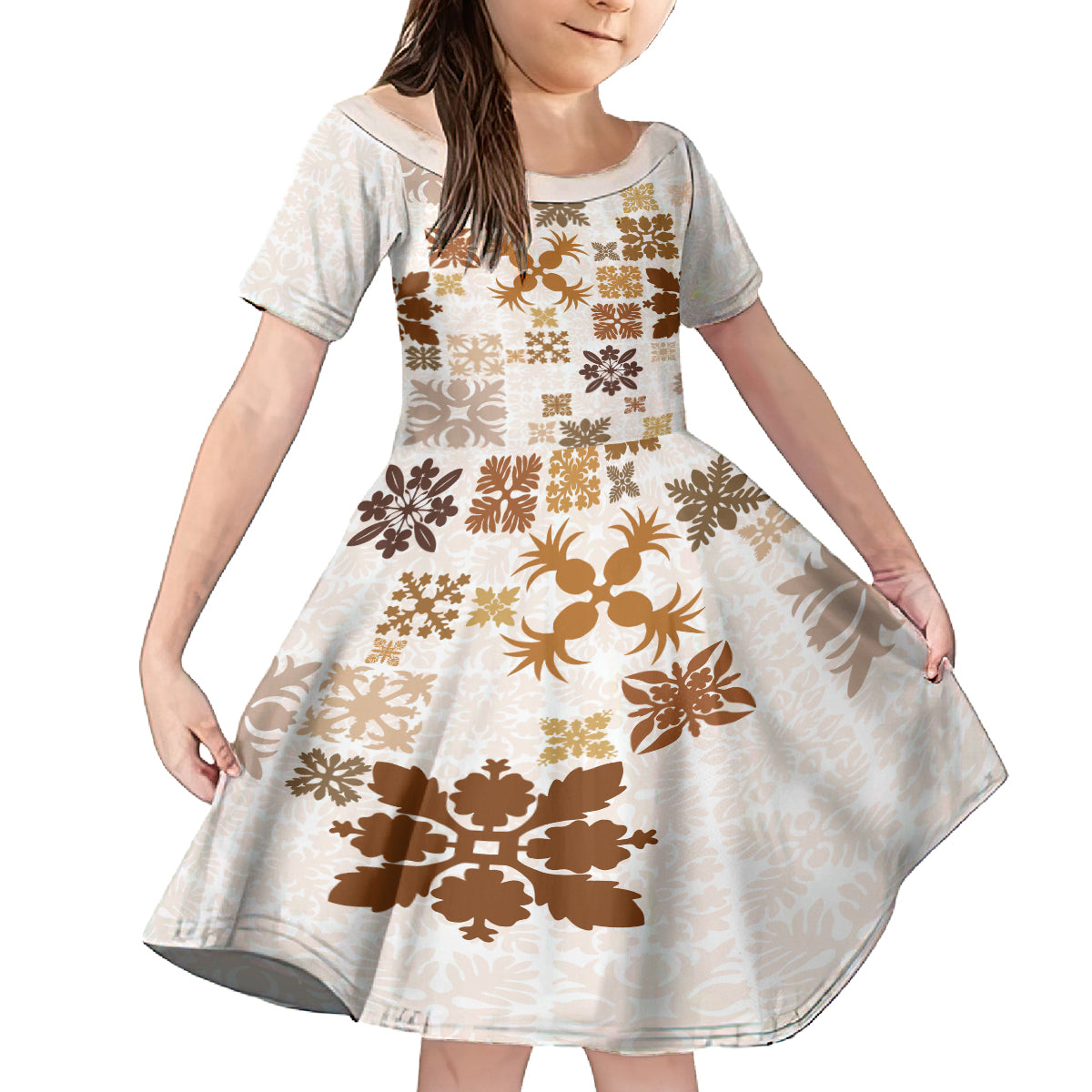 Vintage Hawaii Family Matching Off Shoulder Long Sleeve Dress and Hawaiian Shirt Hawaiian Quilt Kapa Mismatch Beige LT7 Daughter's Dress Beige - Polynesian Pride