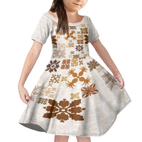 Vintage Hawaii Family Matching Off Shoulder Short Dress and Hawaiian Shirt Hawaiian Quilt Kapa Mismatch Beige LT7 Daughter's Dress Beige - Polynesian Pride