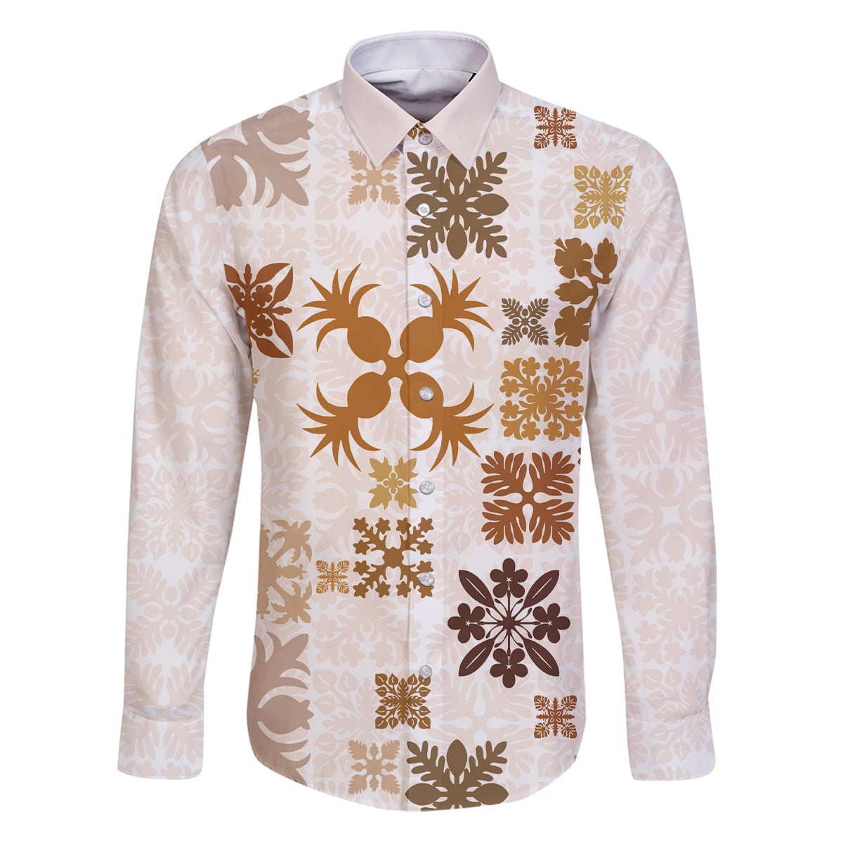 Vintage Hawaii Family Matching Puletasi Dress and Hawaiian Shirt Hawaiian Quilt Kapa Mismatch Beige LT7 Dad's Shirt - Long Sleeve Beige - Polynesian Pride