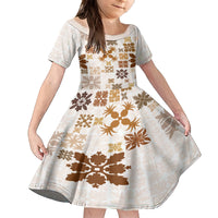 Vintage Hawaii Family Matching Summer Maxi Dress and Hawaiian Shirt Hawaiian Quilt Kapa Mismatch Beige LT7 Daughter's Dress Beige - Polynesian Pride